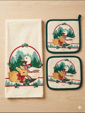 VTG B&D Christmas Goose and Bunny Kitchen Towel & Potholders Set NEW 3pc
